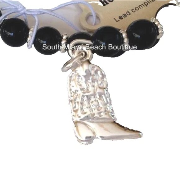 Country Western Cowboy Boot Charm Bracelet Silver Plated Black Cowgirl Stretch - Picture 7 of 9